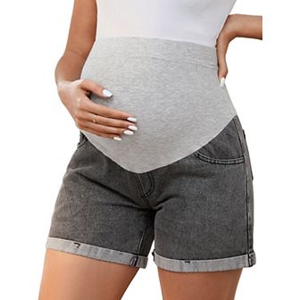 Women's Denim Summer Lounge Roll Hem Maternity Jeans Shorts with Pockets