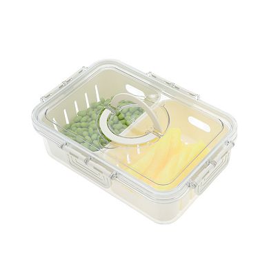 Rectangle Drain Food Storage Containers 2 Compartment 9.25"x6.5"x2.56" White Transparent 1 Set