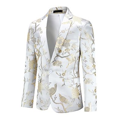 Men's Floral Embroidery Blazer Single Button Formal Dinner Tux Coat