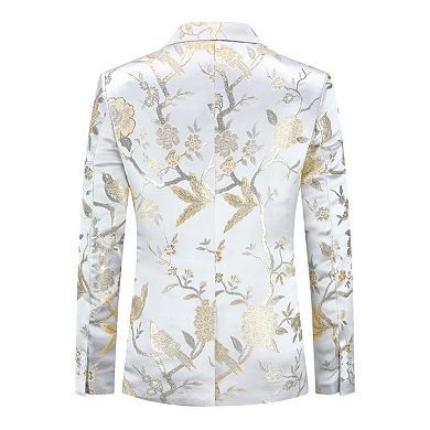Men's Floral Embroidery Blazer Single Button Formal Dinner Tux Coat