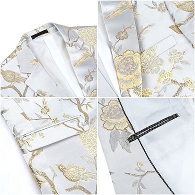 Men's Floral Embroidery Blazer Single Button Formal Dinner Tux Coat