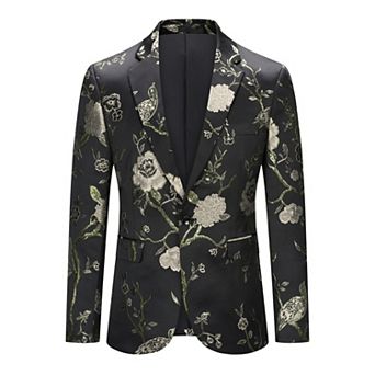 Men's Floral Embroidery Blazer Single Button Formal Dinner Tux Coat