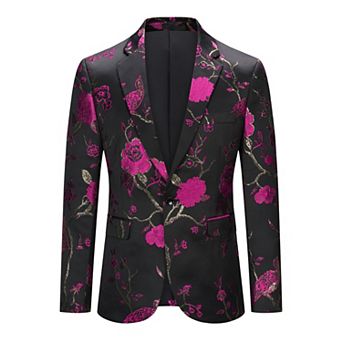 Men's Floral Embroidery Blazer Single Button Formal Dinner Tux Coat