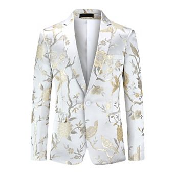 Men's Floral Embroidery Blazer Single Button Formal Dinner Tux Coat