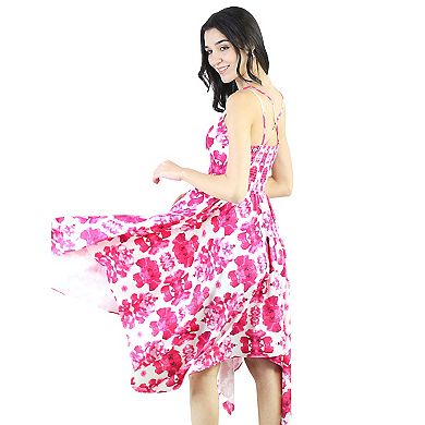 Women's Summer Spaghetti Strap V Neck Ruffle High Low Hem Sleeveless Floral Dress With Smocking