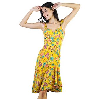 Women's Ruffled Strap Sleeveless Corset Asymmetrical Knee Length Dress Floral Sundress
