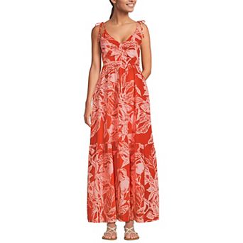 Women's Lands' End Cotton Voile V-Neck Tie Strap Maxi Dress
