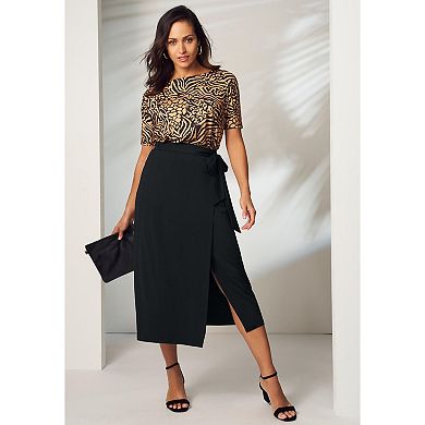 Jessica London Women's Plus Size Faux Wrap Midi Skirt