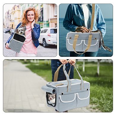 Breathable Pet Carrier Bag, Foldable Transport Box with Removable Mat, Carry Bag with 2 Pocket