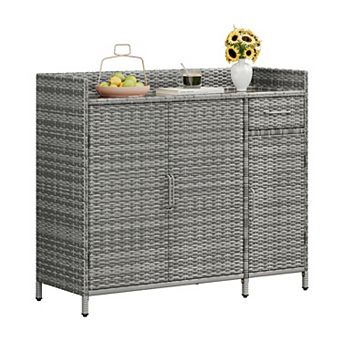 Merax Wicker Outdoor Storage Cabinet with Tempered Glass Desktop