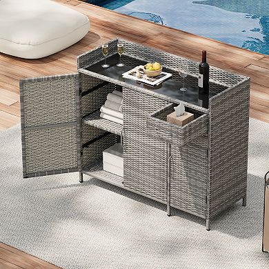 Merax Wicker Outdoor Storage Cabinet with Tempered Glass Desktop