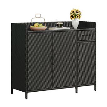Merax Wicker Outdoor Storage Cabinet with Tempered Glass Desktop