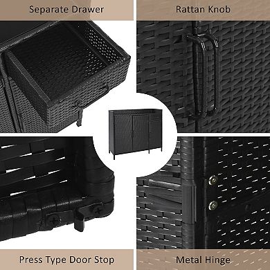 Merax Wicker Outdoor Storage Cabinet with Tempered Glass Desktop