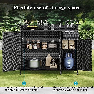 Merax Wicker Outdoor Storage Cabinet with Tempered Glass Desktop