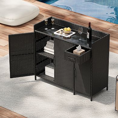 Merax Wicker Outdoor Storage Cabinet with Tempered Glass Desktop