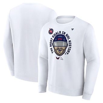 Men's Fanatics Alexander Ovechkin White Washington Capitals NHL All-Time Leading Goal Scorer GR8 Caricature Fleece Pullover Sweatshirt