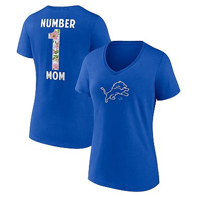 Women's Blue Detroit Lions Number 1 Mom Floral V-Neck T-Shirt