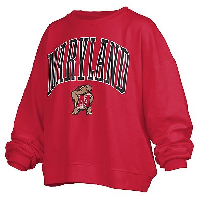 Women's Pressbox Red Maryland Terrapins Janise Arch Over Logo Waist Length Oversized Pullover Sweatshirt