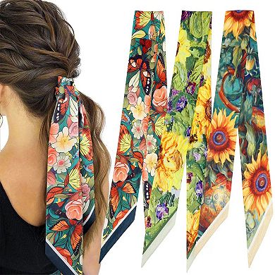 Vintage Floral Print Satin Silk Scarf 3 Pcs