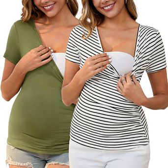 Women's 2 Pack Maternity Top Ruched Cross V Neck Faux Wrap Short Sleeve Nursing Blouse T-Shirt