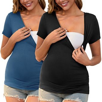 Women's 2 Pack Maternity Top Ruched Cross V Neck Faux Wrap Short Sleeve Nursing Blouse T-Shirt