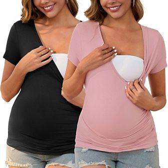 Women's 2 Pack Maternity Top Ruched Cross V Neck Faux Wrap Short Sleeve Nursing Blouse T-Shirt