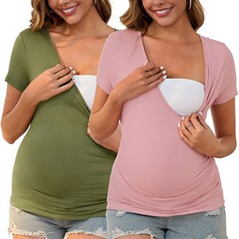 Women's 2 Pack Maternity Top Ruched Cross V Neck Faux Wrap Short Sleeve Nursing Blouse T-Shirt