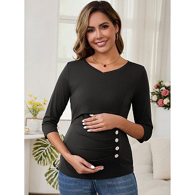 Women's Nursing Shirts 3/4 Sleeves Blouse V Neck Ribbed Knitted Buttons Decor Ruched Maternity Tops