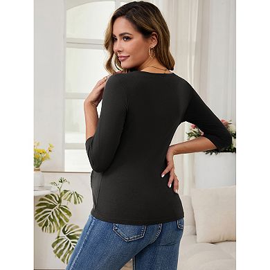 Women's Nursing Shirts 3/4 Sleeves Blouse V Neck Ribbed Knitted Buttons Decor Ruched Maternity Tops