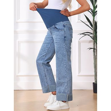 Women Maternity Jeans Straight Leg Cuffed Comfy Stretch Over Belly Support Pregnant Denim Work Pants