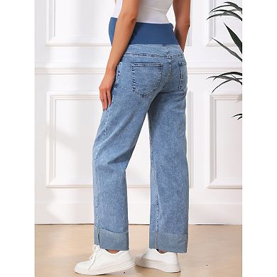 Women Maternity Jeans Straight Leg Cuffed Comfy Stretch Over Belly Support Pregnant Denim Work Pants