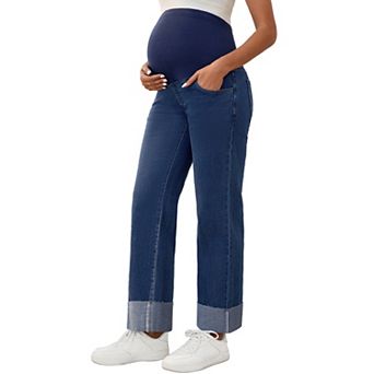 Women Maternity Jeans Straight Leg Cuffed Comfy Stretch Over Belly Support Pregnant Denim Work Pants