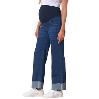 Women Maternity Jeans Straight Leg Cuffed Comfy Stretch Over Belly Support Pregnant Denim Work Pants