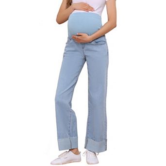 Women Maternity Jeans Straight Leg Cuffed Comfy Stretch Over Belly Support Pregnant Denim Work Pants