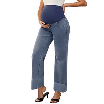 Women Maternity Jeans Straight Leg Cuffed Comfy Stretch Over Belly Support Pregnant Denim Work Pants
