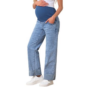 Women Maternity Jeans Straight Leg Cuffed Comfy Stretch Over Belly Support Pregnant Denim Work Pants