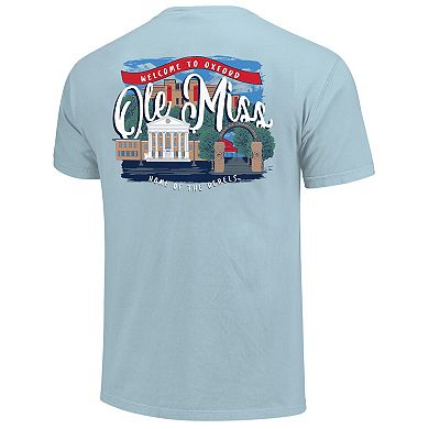 Women's Blue Ole Miss Rebels Comfort Colors Campus Scene Drawing Script T-Shirt