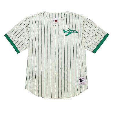 Men's Mitchell & Ness Cream New York Jets Vintage Logo Final Seconds Full-Button Mesh Top