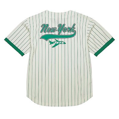 Men's Mitchell & Ness Cream New York Jets Vintage Logo Final Seconds Full-Button Mesh Top
