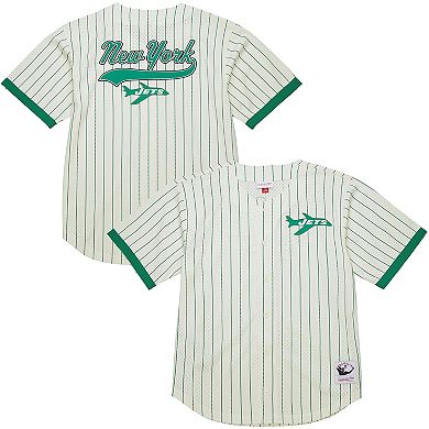 Men's Mitchell & Ness Cream New York Jets Vintage Logo Final Seconds Full-Button Mesh Top