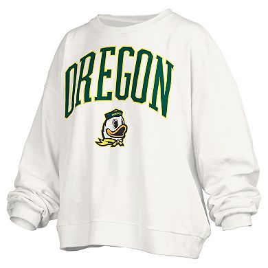 Women's Pressbox White Oregon Ducks Janise Arch Over Logo Waist Length Oversized Pullover Sweatshirt