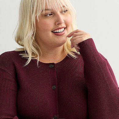 Plus Size Nine West Fitted Rib Crewneck Sculpt Cardigan