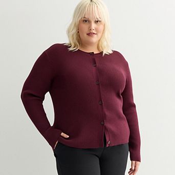 Plus Size Nine West Fitted Rib Crewneck Sculpt Cardigan