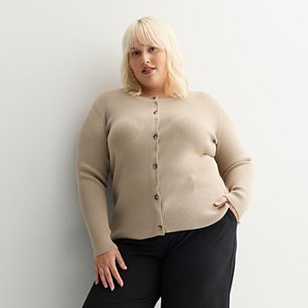 Plus Size Nine West Fitted Rib Crewneck Sculpt Cardigan