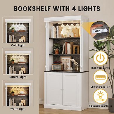 3-Tier Open Shelves & Double Doors with Roman Column Design and 4 Adjustable Lights