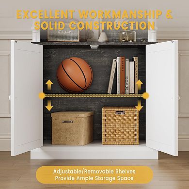 3-Tier Open Shelves & Double Doors with Roman Column Design and 4 Adjustable Lights