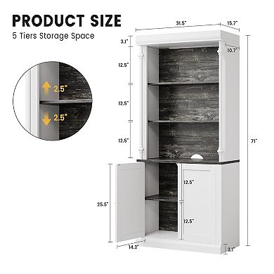 3-Tier Open Shelves & Double Doors with Roman Column Design and 4 Adjustable Lights
