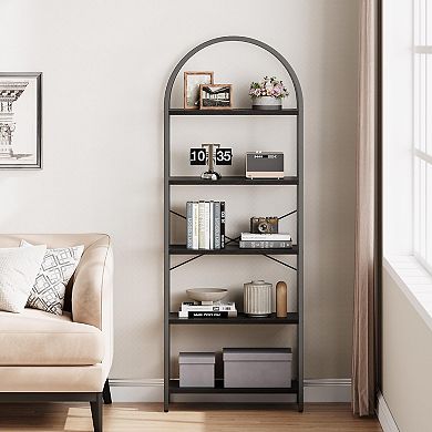 5-Tier Arched Bookshelf Tall Metal Frame Open Storage Rack Large Black Bookshelf for Storage
