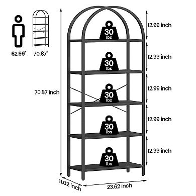 5-Tier Arched Bookshelf Tall Metal Frame Open Storage Rack Large Black Bookshelf for Storage