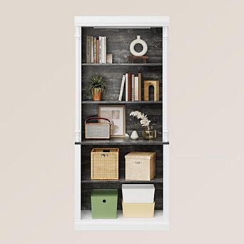 Tall Storage Bookcase with 5 tier Open Shelves, Roman Column Design and 4 Adjustable Lights